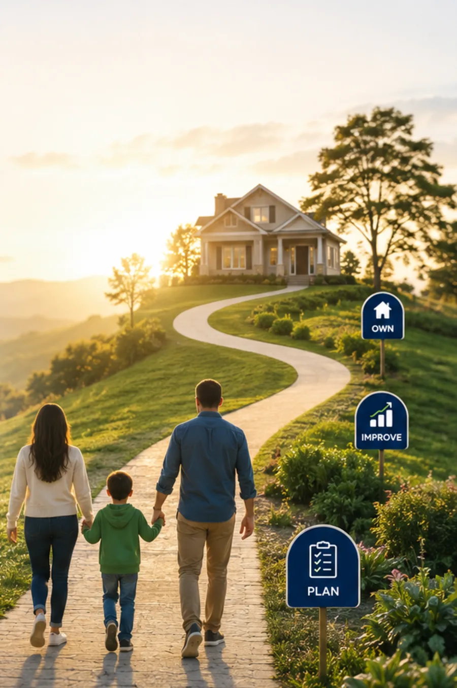 A family walking hand in hand up a winding path toward their new home at sunset